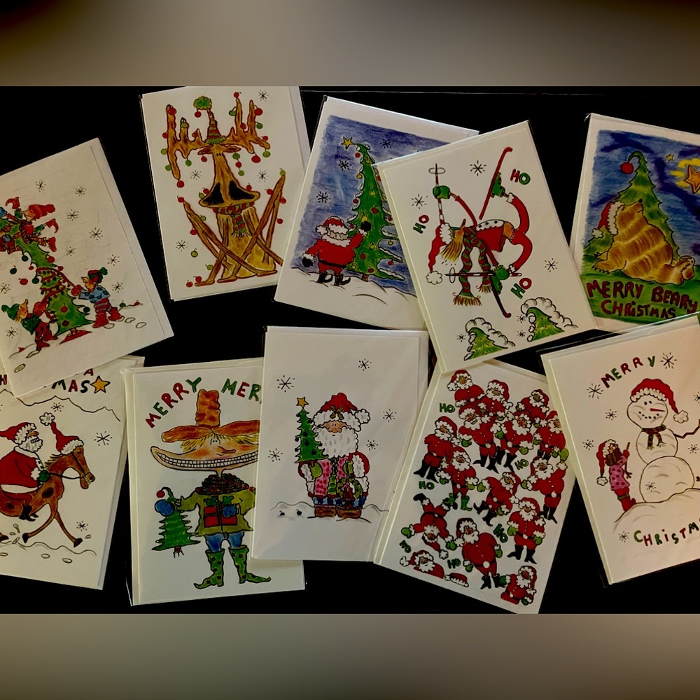 Christmas cards. Whimsical cards hand drawn, printed on linen paper. 5x7.